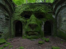 Mysterious moss covered stone face in enchanted forest photo