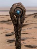 Mysterious stone sculpture in desert landscape photo