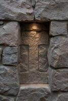 Illuminated stone archway in a rustic wall photo