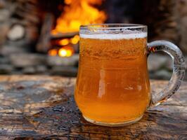 Cozy winter evening with a mug of warm beer photo