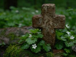 ancient stone cross in lush green forest photo
