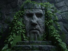 ancient stone face covered in moss and vines photo