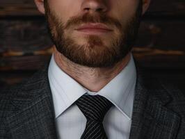 close up of a mans face with a beard and tie photo