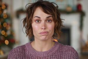 woman with curly brown hair looking pensive photo