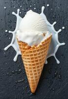 Melting ice cream scoop in waffle cone on black background photo