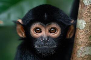 Closeup of a black monkey with large eyes and a furry face photo