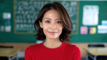 Smiling asian woman in red sweater in classroom photo