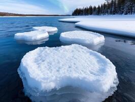 Serene frozen lake with snow covered ice floes photo
