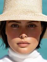 close up portrait of woman in straw hat photo