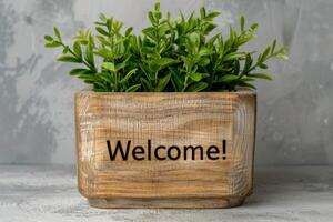 Wooden planter box with green plants and welcome sign photo