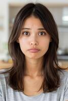 Thoughtful young woman with long dark hair photo