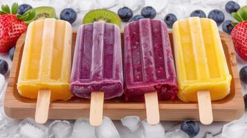 Assortment of colorful frozen fruit popsicles photo