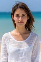 Portrait of a young woman with windblown hair on a beach photo