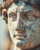 close up of a weathered stone face sculpture photo