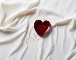 Red heart shaped object on white fabric photo