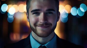 Smiling businessman with colorful lights photo