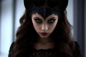 Mysterious dark fantasy woman with piercing gaze photo