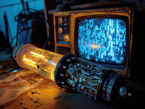 Retro computer technology with glowing display photo