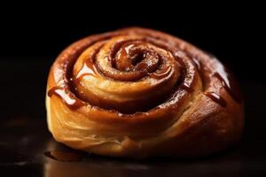 Delicious cinnamon roll with caramel drizzle photo