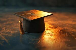Graduation cap on wooden table with warm lighting photo