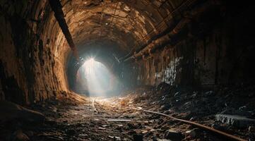 Mysterious underground tunnel with glowing light at the end photo
