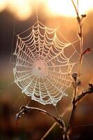 Intricate spider web covered in dew at sunrise photo