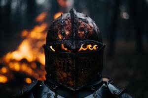 Armored knight helmet with flames in the background photo