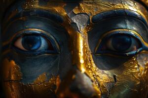 Close up of a golden and blue ancient mask photo