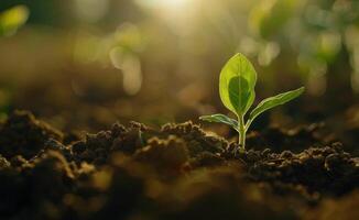 Sprouting seedling in soil with sunlight photo