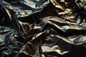 Crumpled black and gold metallic foil texture background photo