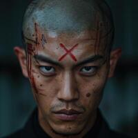 intense facial expression of a man with tattoos and red markings photo