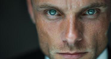 Intense gaze of a mature man with piercing blue eyes photo