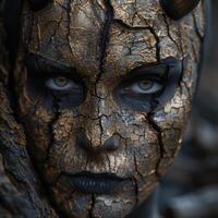 Mysterious cracked face with piercing eyes photo