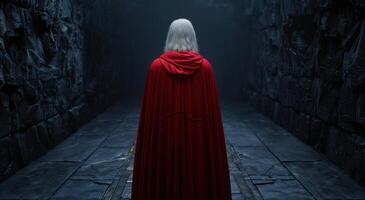 Mysterious figure in red cloak walking down dark path photo
