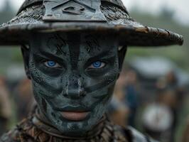Close up portrait of a person wearing camouflage face paint photo