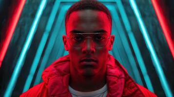 portrait of a young man in a red jacket and glasses photo