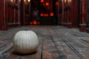 Spooky Halloween pumpkin on rustic wooden floor photo