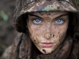 Intense eyes of a soldier in camouflage photo
