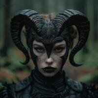 Mysterious dark fantasy portrait with horned mask photo