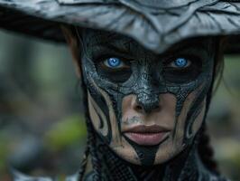 Mysterious warrior with piercing blue eyes photo