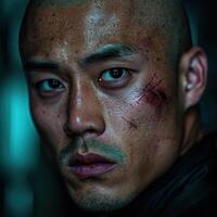 Intense gaze of a man with facial scars photo