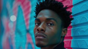 young man with serious expression in front of colorful wall photo