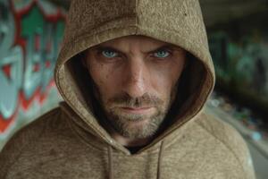 Mysterious hooded figure with intense gaze photo