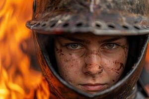 Intense gaze of a young person in a protective helmet photo