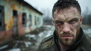Rugged man with facial injuries in a desolate environment photo