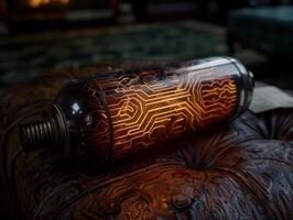 Futuristic electronic device with glowing circuit board pattern photo