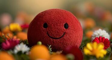 Cheerful red plush toy surrounded by colorful flowers photo
