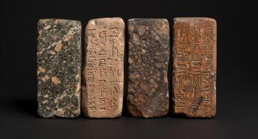 ancient stone tablets with hieroglyphic inscriptions photo