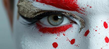 Dramatic close up of a painted face with red lips and glitter photo