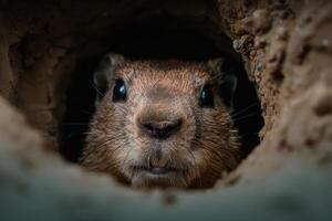 close up of a curious ground squirrel peeking out from its burrow photo